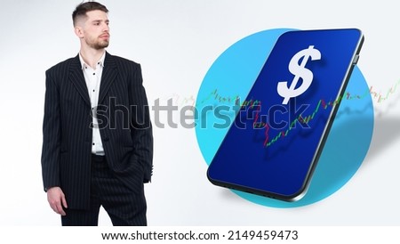 Dollar and quotation chart. Forex concept. Dollar symbol on the smartphone screen. Businessman examines the dollar chart. Investments in foreign currency. Speculative transactions. Currency collage
