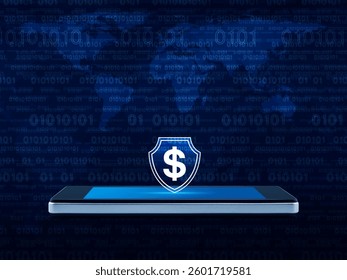 Dollar with shield icon on modern smart mobile phone screen over world map and computer binary code, Business money insurance and protection online concept, Elements of this image furnished by NASA