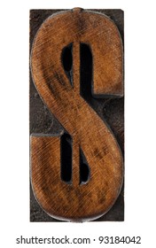 Dollar Sign - Antique Wood Letterpress Type Block,  Isolated On White