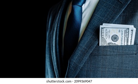 Dollar Sign. Rich Businessman Holding American Money. Cash Usd Bill Background