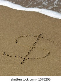 Dollar Sign In Sand With Sea Water.