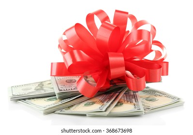 Dollars And Big Red Bow Isolated On White