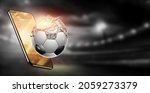 Dollars are inside the soccer ball, the ball is full of money. Sports betting, soccer betting, gambling, bookmaker, big win