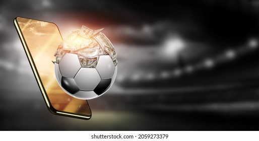 Dollars are inside the soccer ball  the ball is full money  Sports betting  soccer betting  gambling  bookmaker  big win