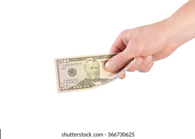 Dollars In Man Hand Isolated On White 