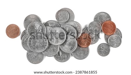 Dollars metal, cash money, coin isolated on white, top view