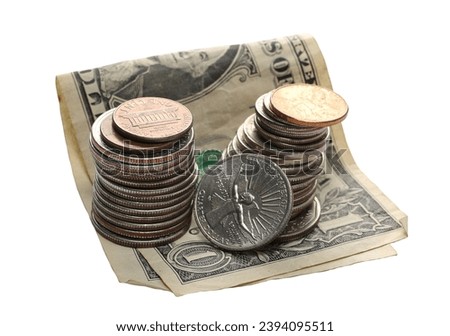 Dollars metal, cash money, coin and dollar bill isolated on white, side view