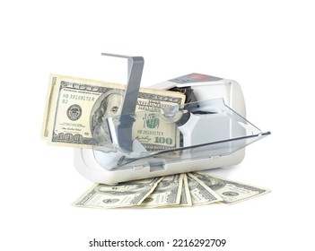 Dollars And Modern Currency Counting Machine On White Background