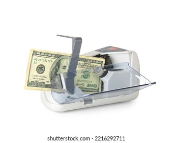 Dollars In Modern Currency Counting Machine On White Background