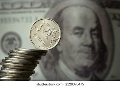 dollars and rubles. concept of currency exchange. Economic crisis, decline of the world economy. Ruble devaluation. The fall of the Russian currency. Currency exchange at the Bank. sharp drop ruble's
