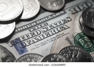 Dollars and rubles. Economic crisis, decline of the world economy. Ruble devaluation. The fall of the Russian currency. Currency exchange at the Bank. Concept of currency exchange. - Shutterstock ID 2136184895