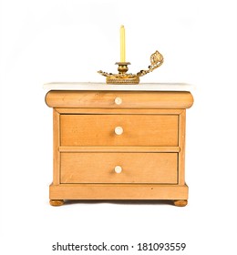 Dollhouse Furniture With Candle Over White Background 