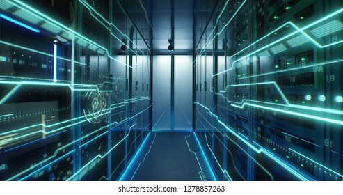 Dolly shot of the interior of a data center with glowing circuit board lines running along the wall - Powered by Shutterstock - Get 15% off with code: PIKWIZARD15