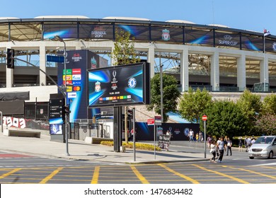 Dolmabahce, Istanbul / Turkey - August 10 2019: Dolmabahce Street  Junction, Billboard And BJK Vodafone Park Arena Before UEFA Super Cup Final 2019 Between Liverpool FC And Chelsea FC.