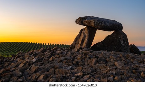 Dolmen of Chabola de la Hechicera at sunrise, Elvillar, Basque Country, Spain