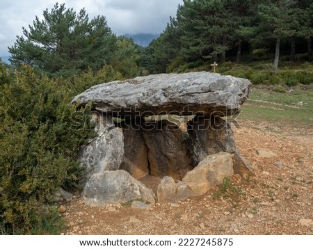 Dolmen in Tella. Huesca. Aragon. Spain. Europe. Nice views of the mountains Sobrarbe county Huesca Aragon Spain. dolmen of Tella 