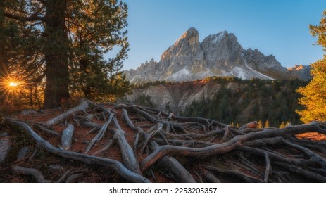 Dolomite mountain landscapes at sunrise,  Passo delle erbe in Dolomite Alps, Italy - Shutterstock ID 2253205357