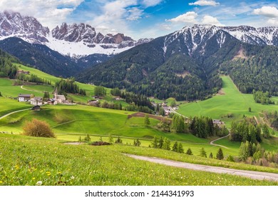 Dolomites Alp mountain landscape at Santa Maddalena village in spring season, St. Magdalena Italy