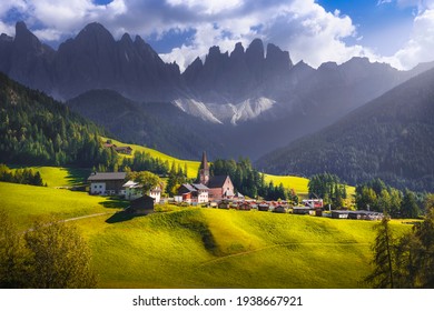 Dolomites Alps, Santa Magdalena church view and Odle mountains in Funes Valley, Trentino Alto Adige Sud Tyrol, Italy, Europe