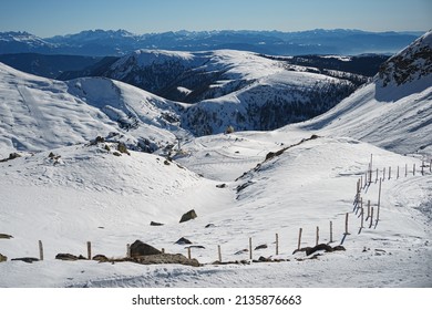 Dolomites Mountain Formation In Italy Beautiful Day Fresh Snow With No People.  