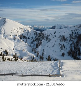 Dolomites Mountain Formation In Italy Beautiful Day Fresh Snow With No People.  