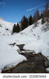 Dolomites Mountain Formation In Italy Beautiful Day Fresh Snow With No People.  