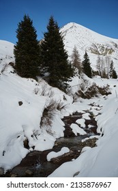 Dolomites Mountain Formation In Italy Beautiful Day Fresh Snow With No People.  