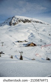 Dolomites Mountain Formation In Italy Beautiful Day Fresh Snow With No People.  