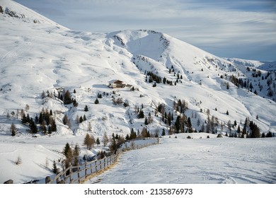 Dolomites Mountain Formation In Italy Beautiful Day Fresh Snow With No People.  