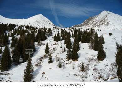 Dolomites Mountain Formation In Italy Beautiful Day Fresh Snow With No People.  