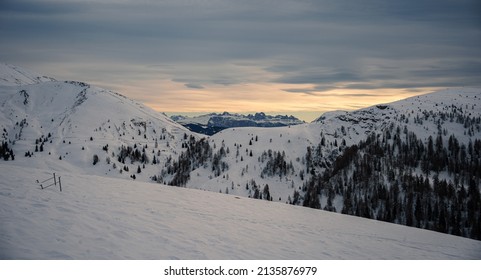 Dolomites Mountain Formation In Italy Beautiful Day Fresh Snow With No People.  