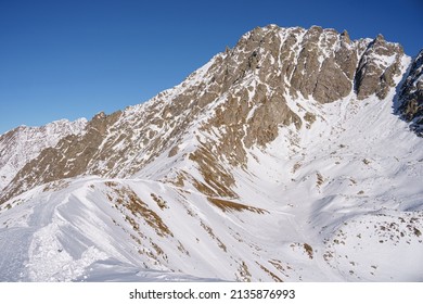 Dolomites Mountain Formation In Italy Beautiful Day Fresh Snow With No People.  