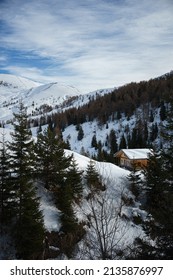 Dolomites Mountain Formation In Italy Beautiful Day Fresh Snow With No People.  