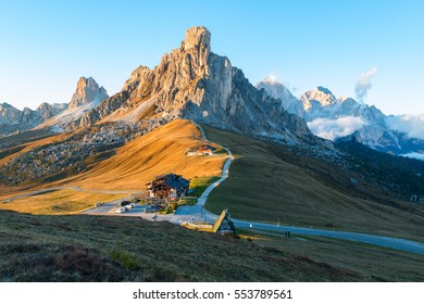 Dolomites mountains the Passo di Giau, Monte Gusela at behind  Nuvolau gruppe in South Tyrol, Italy