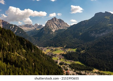 Dolomites, Passo Sella. Beautiful view of Canazei from Passo Sella. Dolomites, Italy.