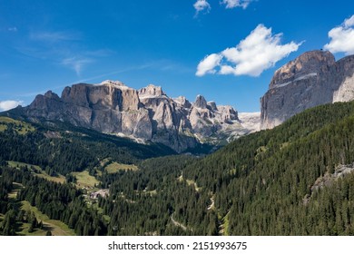Dolomites, Passo Sella. Beautiful view of Canazei from Passo Sella. Dolomites, Italy.