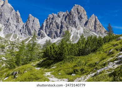 Dolomiti Alps beautiful mountain landscape. Rocky tower alpine summits in the Dolomites. Summer mountain scenic view on the hiking trekking path in the green mountain valley and blue sky with clouds - Powered by Shutterstock