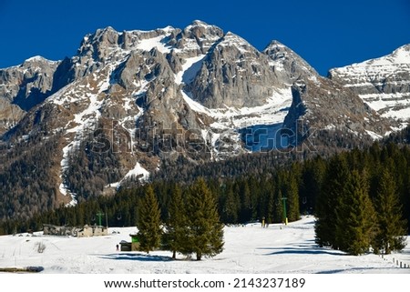 Dolomiti winter landscape at Stelvio National Park, Pejo Ski Resort in Val di Sole valley, Italy. Europe. 