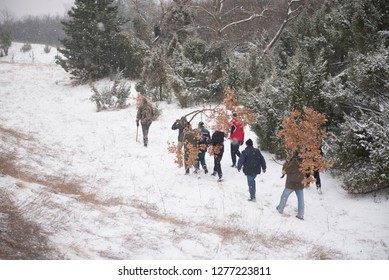 DOLOVO, SERBIA , JANUARY 06 2019 : Peoples Cutting Yule Log Tree From Woods For Christmas Eve Fire. Christmas Custom In Serbia.