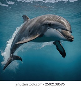 A dolphin is a highly intelligent marine mammal known for its playful behavior and friendly nature. It has a streamlined body, smooth skin, and a curved dorsal fin on its back. Dolphins are often gray