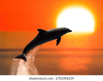 Dolphin leaping dynamically out of the ocean water, creating a captivating splash, silhouetted against the bright orange and yellow hues of a breathtaking sunset