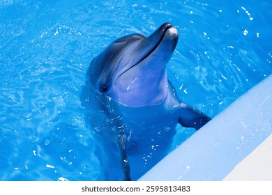 dolphin lying on its side on a platform. The dolphin has gray skin and a long, pointed snout