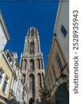 Dom Tower seen from an alley in the center of Utrecht