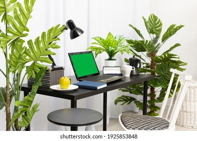 A Domain Computer Workstation Among Potted Plants With Bright Lighting. The Laptop Is On The Black Table And Right Next To It Is A Coffee Mug, A Fresh Green Apple And A Bedside Lamp. Green Screen Of