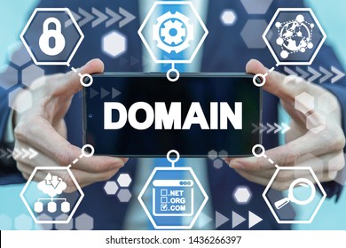 Domains name registration internet website hosting technology on smartphone. Man holds smartphone with domain word on display. - Shutterstock ID 1436266397