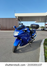 
DOMBAY RUSSIA - August 16, 2021: Motorcycle At Gas Station Travel Transportation Concept, No People