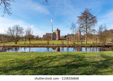Domburg - View to Manor House of Castle Westhove reflected in the moat, Zeeland, Netherlands, Domburg, 19.03.2018 
