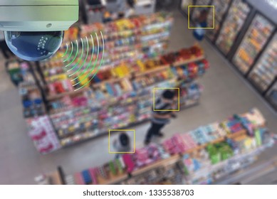 A Dome CCTV  Infrared Camera  Technology 4.0 For Look Security Area Of People At Convenience Shop  Show Signage With Checking And Counting People In Yellow Boxed Security Area