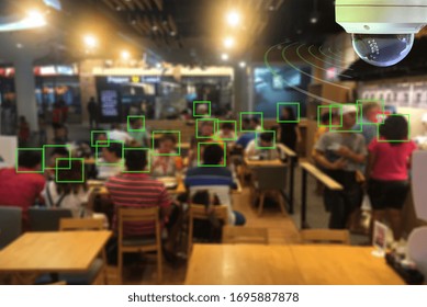 A Dome CCTV  Infrared Camera  Technology 4.0 For Look Security Area Of People At Food Court Show Signage With Checking And Counting People In Green Boxed Security Area