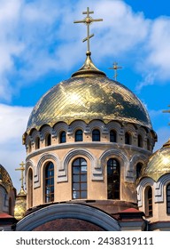 Dome with cross on roof of Orthodox Church in Nalchik city.